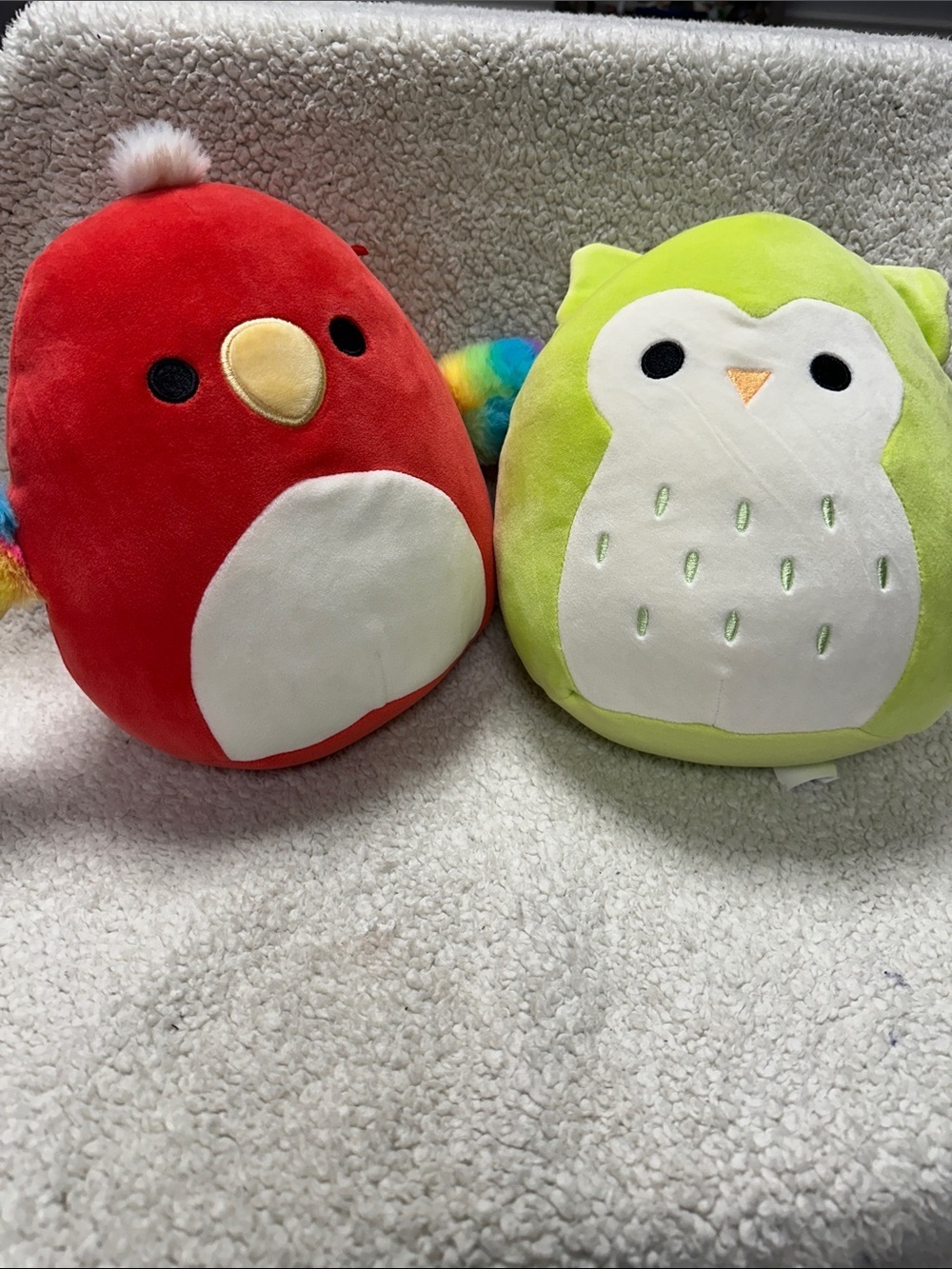 Two Squishmellows Birds, parrot and owl. Both 9 inches. Like New